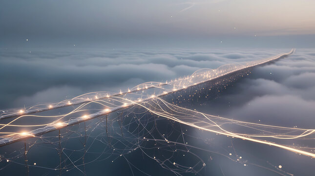 Illuminated bridge emerging from fog at dusk - Powered by Adobe