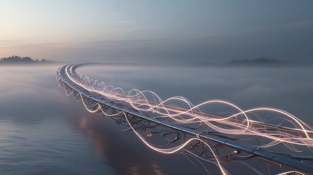Futuristic bridge illuminated by streaks of light in foggy landscape