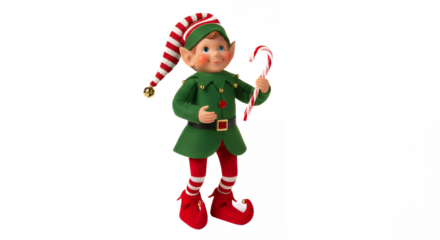 Festive christmas elf holding a candy cane ready for the holiday season cheer on transparent background