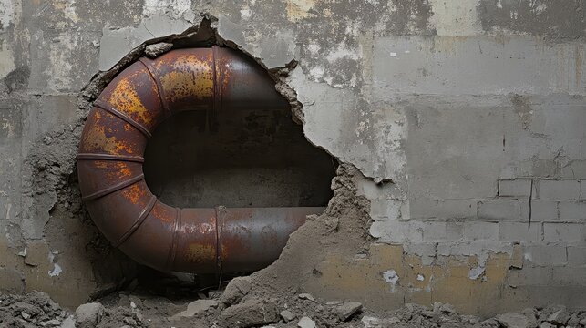Damaged rusty pipe protruding from a broken concrete wall