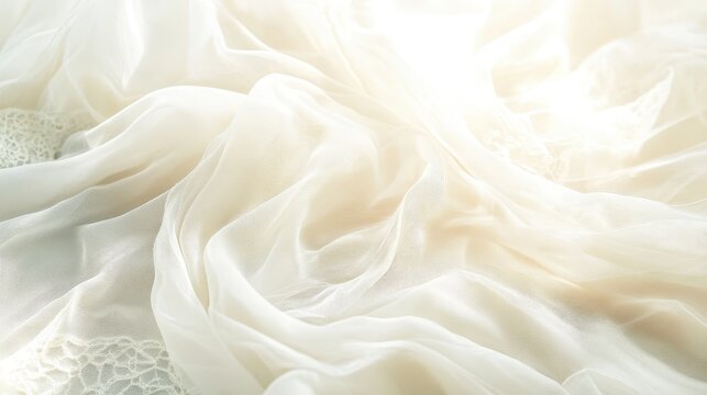 Delicate ivory silk fabric with intricate lace pattern and soft folds illuminated by bright light