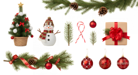 Festive christmas decorations featuring a tree snowman and ornaments on black on transparent background