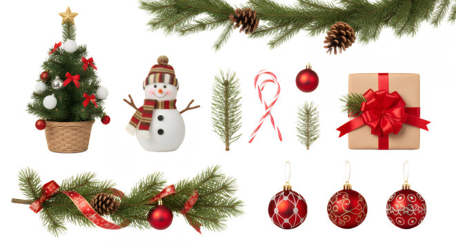 Festive christmas decorations featuring a tree snowman and ornaments on black on transparent background