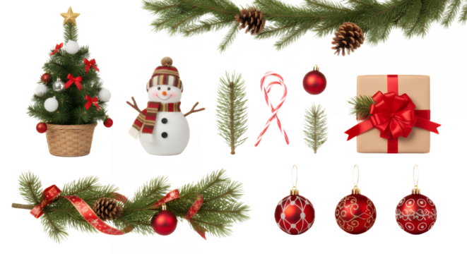 Festive christmas decorations featuring a tree snowman and ornaments on black on transparent background