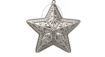 Silver christmas star ornament with intricate details on transparent background