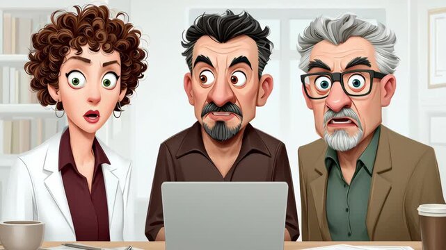 Three animated characters display escalating shock and surprise while gazing at a laptop screen, showcasing a dramatic scene progression with a close-up camera zoom in on their expressions