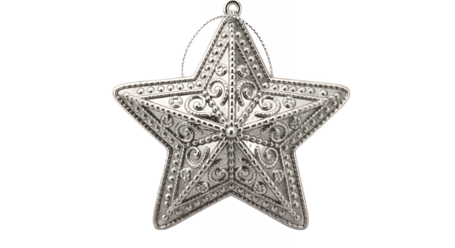 Silver christmas star ornament with intricate details on transparent background