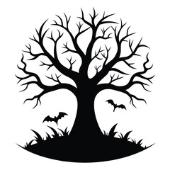 Halloween tree black and white silhouette on white background