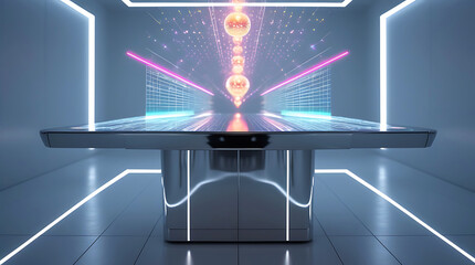 Futuristic holographic display table with neon lights