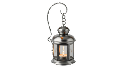 Vintage silver lantern with candle isolated on transparent background