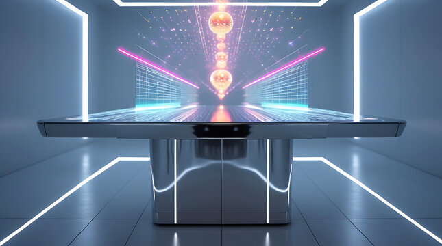 Futuristic holographic display table with neon lights