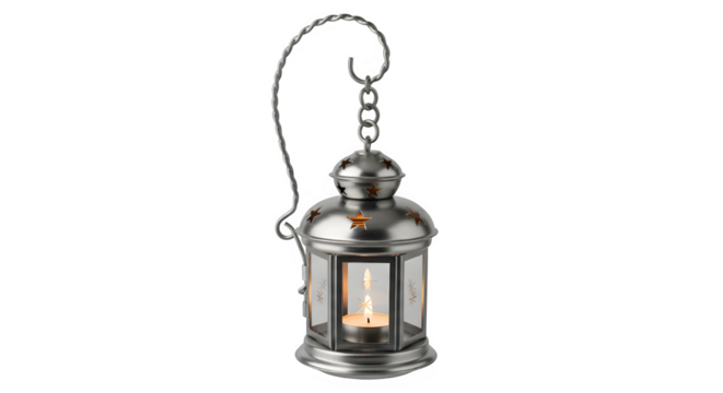 Vintage silver lantern with candle isolated on transparent background