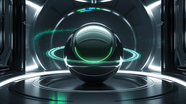 Futuristic orb in a sci fi chamber with glowing neon rings - Powered by Adobe