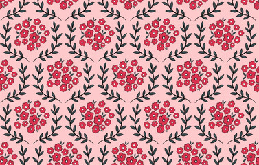 Dense floral seamless pattern with detailed hand-drawn blossoms and leaves in shades of pink for bold decorative print projects.