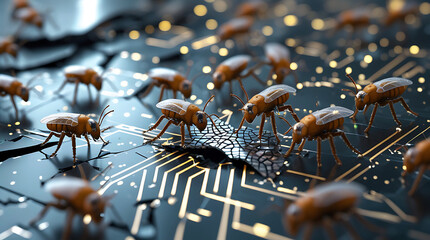 Robotic insects crawling on a futuristic circuit board