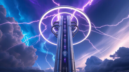Futuristic tower with electric energy and stormy skies