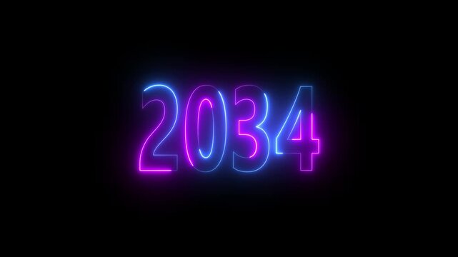 Neon glowing numbers 2034 in blue and magenta on black background year future