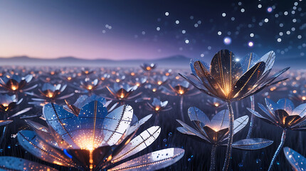 Enchanting field of bioluminescent mechanical flowers under a starry sky