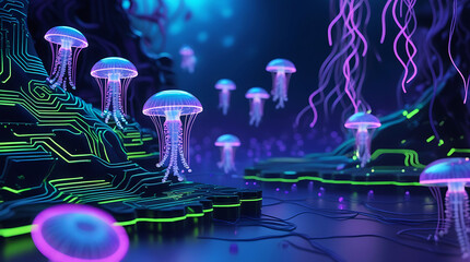 Bioluminescent jellyfish and circuitry in a neon underwater world