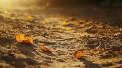 Dusty barren ground with a few dried out leaves scattered in warm golden sunlight