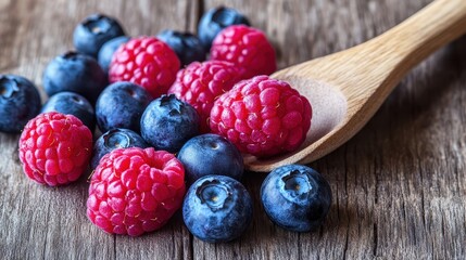 Fresh blueberries and raspberries on wooden surface