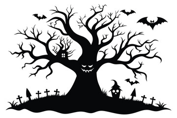 Fototapeta premium Halloween tree black and white silhouette on white background