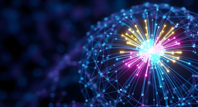 Abstract glowing network sphere with interconnected nodes and bright light burst.