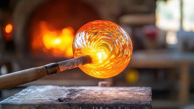 Glass sphere being crafted during the glassblowing process