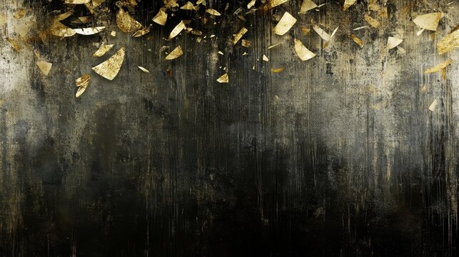 Golden leaf fragments scattered artistically across a dark textured background