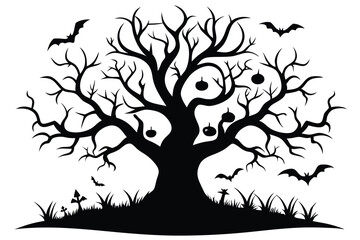 Halloween tree black and white silhouette on white background
