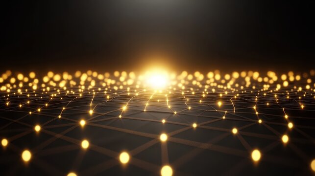 Glowing digital network connections with bright central light on a dark background