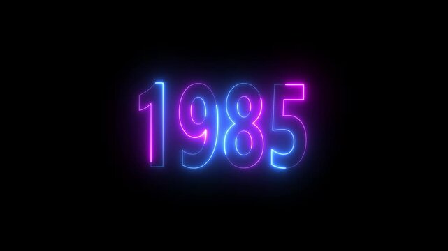 Neon glowing year 1985 in pink and blue on black background light