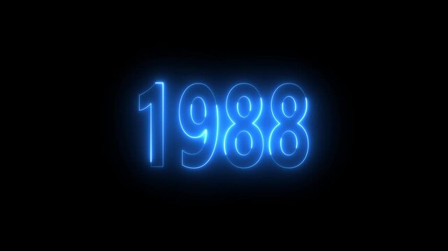 Neon glowing numbers 1988 in bright blue on black background year