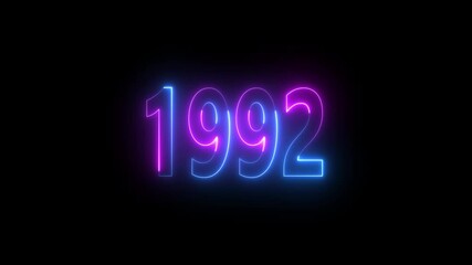 Neon glowing year 1992 in pink and blue on black background light