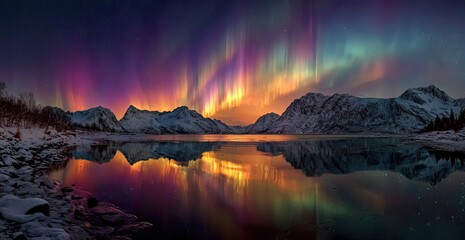 Panoramic view of aurora borealis reflecting on a winter lake