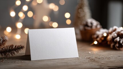 Blank white card on a wooden table with pine cones and bokeh lights greeting