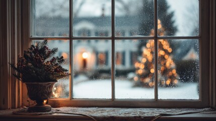 Frosted window pane overlooks a snowy scene with a decorated Christmas tree and illuminated house