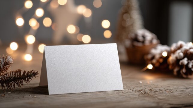 Blank white card on a wooden table with pine cones and bokeh lights greeting - Powered by Adobe
