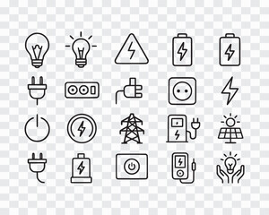 Electricity and Power Line Icons Collection Minimalist Energy Line Icons – Electric Power Vector Collection Electricity and Energy Outline Icons for Engineering & Industry