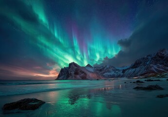 Naklejka premium Stunning aurora borealis over a winter beach