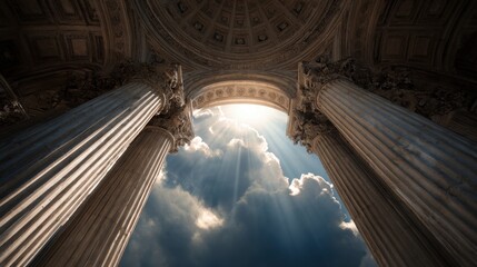 Ornate classical columns frame sunbeams breaking through dramatic clouds in an architectural archway