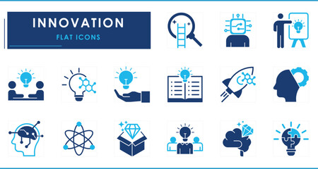 A set of flat icons related to Innovation. Innovate, bulb, puzzle, mindful, intelligent, idea, startups, planning, study, research, and so on.