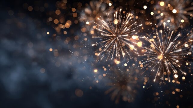 Vibrant golden fireworks explode against a dark sky with glowing bokeh lights