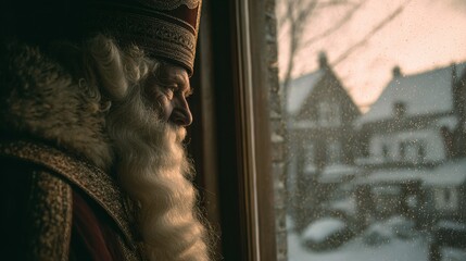 Elderly man with long white beard and festive attire looking out a window at a snowy village