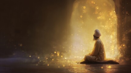 Man with white turban and beard meditating in a brightly lit room with golden bokeh