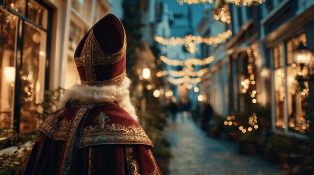 Saint Nicholas in ornate red robes with fur trim walks down a festive street illuminated by bokeh lights