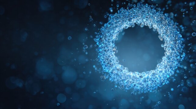 Abstract 3D rendering of a swirling ring of translucent blue spheres and bubbles on a dark background