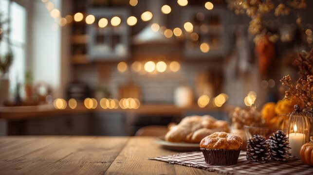Cozy kitchen scene with baked goods pinecones autumn decor and warm string lights - Powered by Adobe