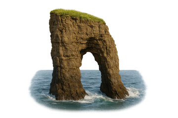 Sea arch rock formation featuring a natural eroded arch, topped with green grass, standing in the ocean with splashing water. Transparent background