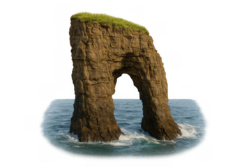 Sea arch rock formation featuring a natural eroded arch, topped with green grass, standing in the ocean with splashing water. Transparent background